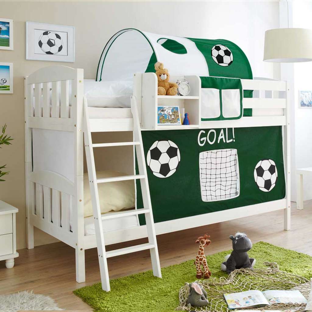 Fußball Stockbett in Weiß Kiefer massiv Tunnel und Vorhang