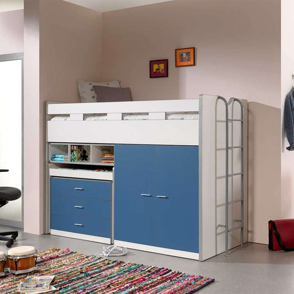 Kinderzimmerbett in Blau und Weiß Schrank und Schreibtisch