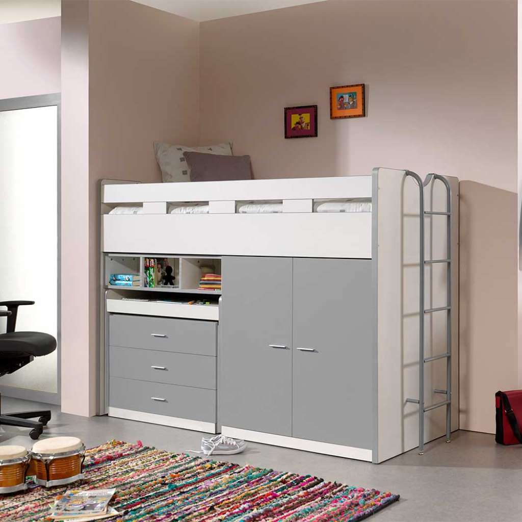 Kinderzimmer Bett mit Schrank und Schreibtisch Silberfarben und Weiß