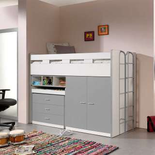 Kinderzimmer Bett mit Schrank und Schreibtisch Silberfarben und Weiß