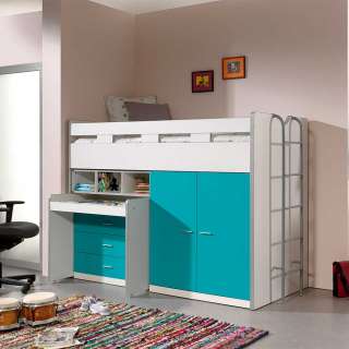 Kinder Hochbett in Türkis un Weiß Schreibtisch und Schrank