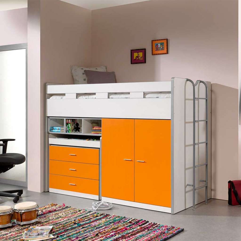 Kinderzimmer Hochbett in Orange und Weiß Schreibtisch