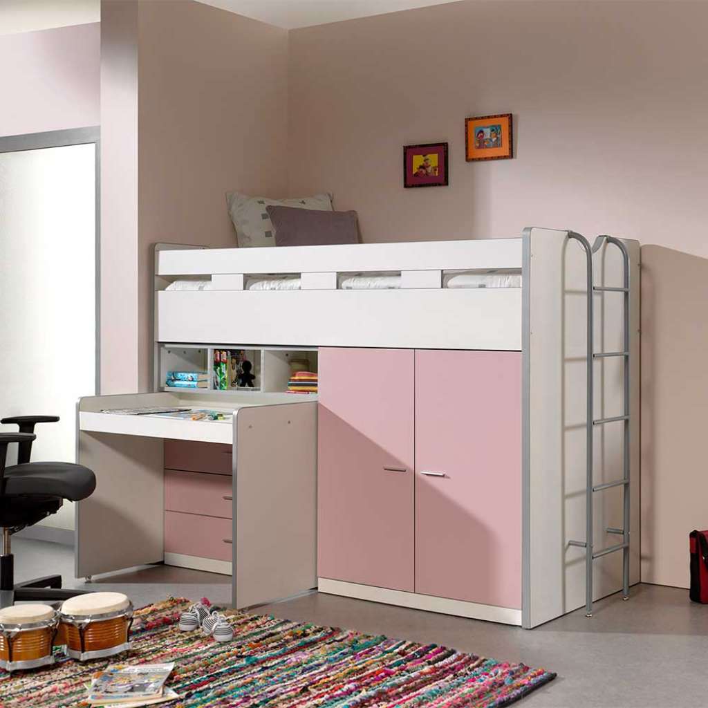 Mädchen Hochbett mit Schrank und Schreibtisch Rosa und Weiß