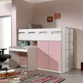 Mädchen Hochbett mit Schrank und Schreibtisch Rosa und Weiß