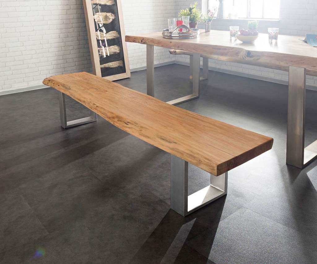 DELIFE Sitzbank Live-Edge 195x40 Akazie Natur Gestell schmal Baumkante, Bänke, Baumkantenmöbel, Massivholzmöbel, Massivholz, Baumkante, Wolf Live Edge
