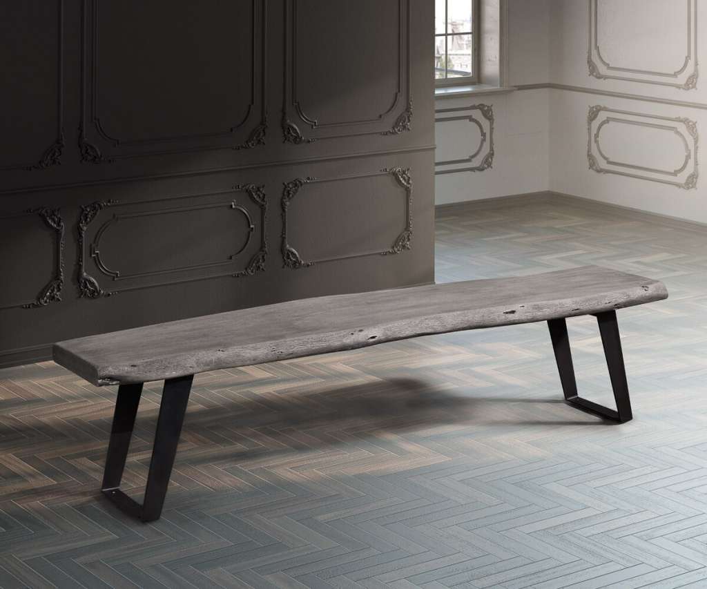 DELIFE Sitzbank Live-Edge 195x40 Akazie Platin Gestell schräg schwarz Baumkante, Bänke, Baumkantenmöbel, Massivholzmöbel, Massivholz, Baumkante, Wolf Live Edge