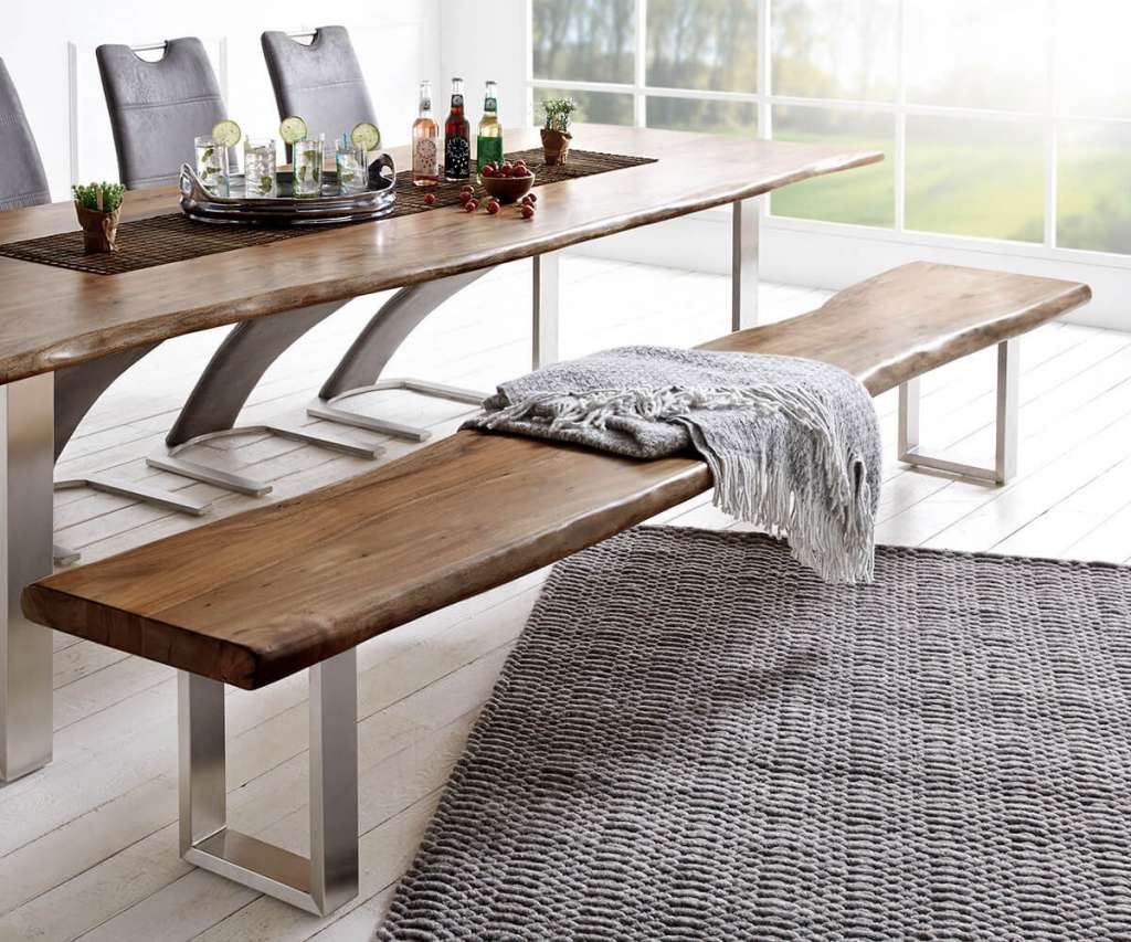 DELIFE Sitzbank Live-Edge 255x40 Akazie Braun Gestell schmal, Bänke, Baumkantenmöbel, Massivholzmöbel, Massivholz, Baumkante, Wolf Live Edge