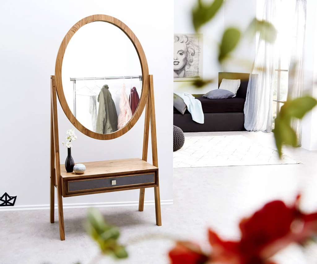 DELIFE Designer-Standspiegel Stonegrace 160x77 Akazie Natur Schublade, Spiegel