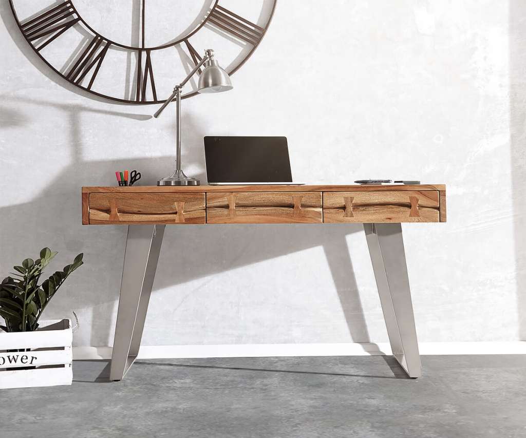 DELIFE Schreibtisch Live-Edge 137 cm Akazie Natur Baumkante, Schreibtische, Baumkantenmöbel, Massivholzmöbel, Massivholz, Baumkante, Wolf Live Edge