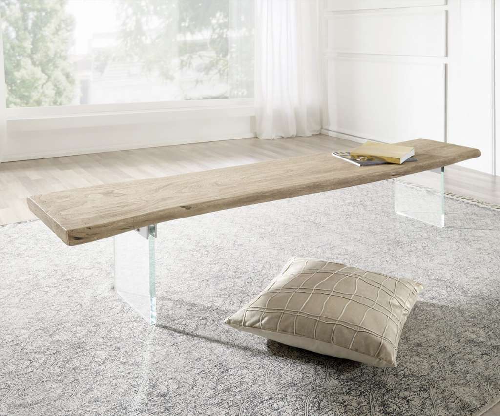 DELIFE Sitzbank Live-Edge 195x40 Akazie Champagner Glasbeine, Bänke, Baumkantenmöbel, Massivholzmöbel, Massivholz, Baumkante, Wolf Live Edge