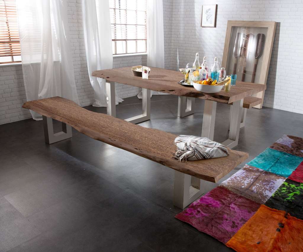 DELIFE Sitzbank Live-Edge 195x40 Akazie Braun Gestell breit, Bänke, Baumkantenmöbel, Massivholzmöbel, Massivholz, Baumkante, Wolf Live Edge