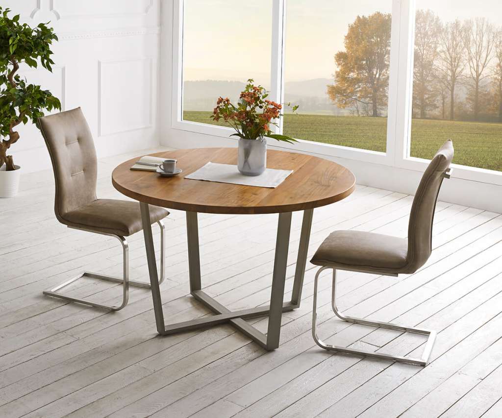 DELIFE Esstisch Tamana 120x120 Akazie Natur rund Metall Silber, Esstische