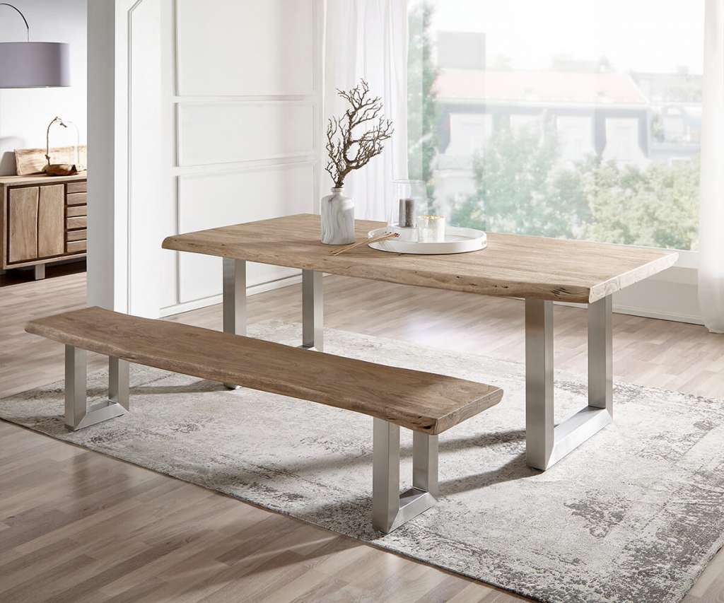 DELIFE Baumtisch Live-Edge 180x90 Akazie Champagner Platte 5,5 cm Gestell breit, Esstische, Baumkantenmöbel, Massivholzmöbel, Massivholz, Baumkante, Wolf Live Edge