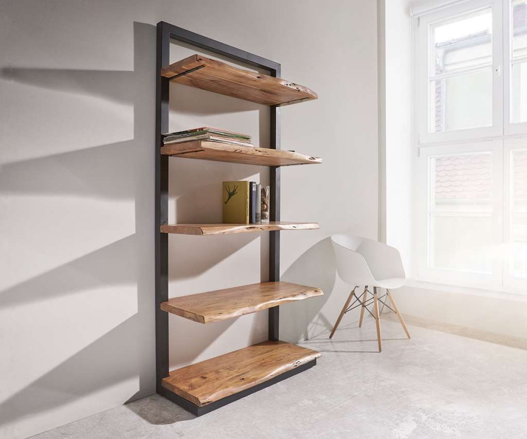 DELIFE Standregal Live-Edge 92 cm Akazie Natur 5 Böden, Standregale, Baumkantenmöbel, Massivholzmöbel, Massivholz, Baumkante, Wolf Live Edge