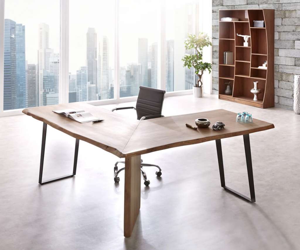DELIFE Schreibtisch Live-Edge 170x170 Akazie Braun Gestell Schwarz Baumkante, Schreibtische, Baumkantenmöbel, Massivholzmöbel, Massivholz, Baumkante, Wolf Live Edge
