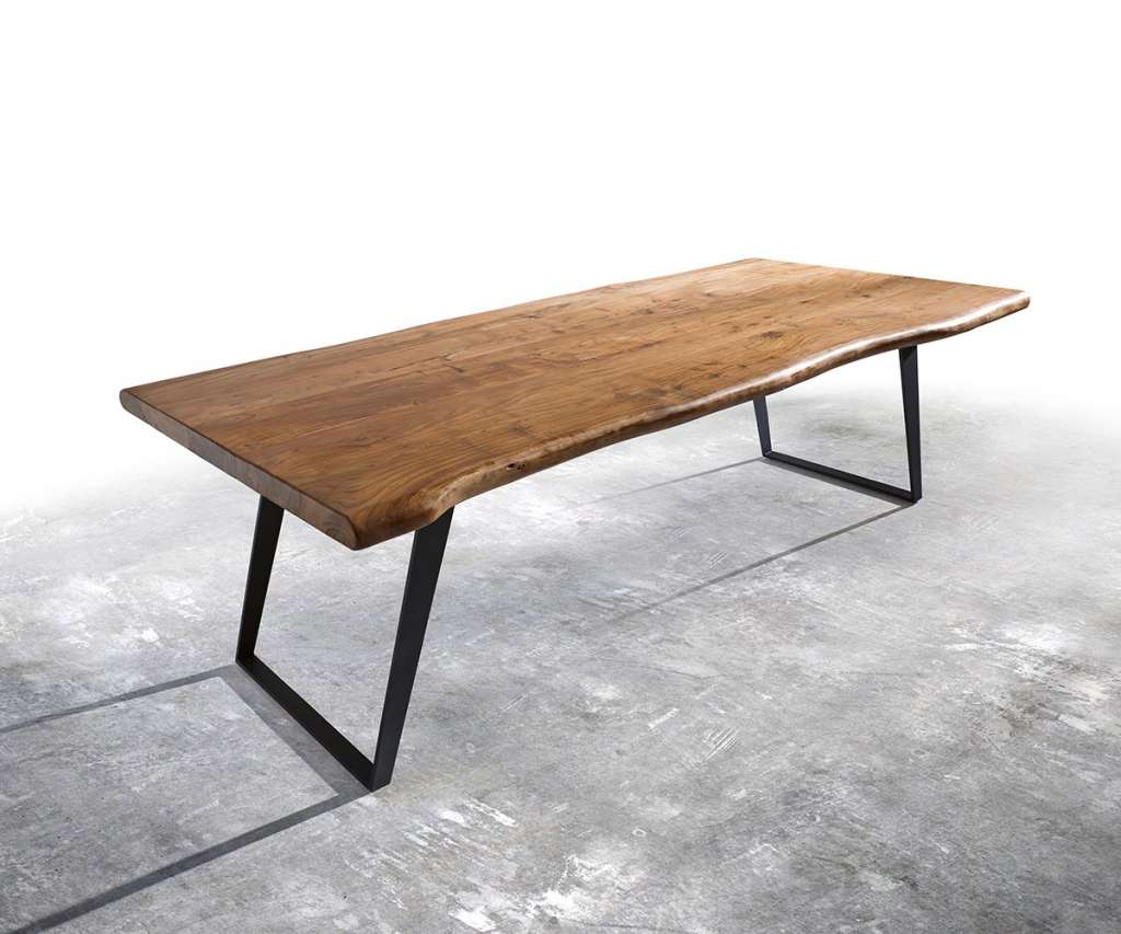 DELIFE Baumtisch Live-Edge 260x100 Akazie Natur Platte 5,5cm Gestell schräg schwarz, Esstische, Baumkantenmöbel, Massivholzmöbel, Massivholz, Baumkante, Wolf Live Edge