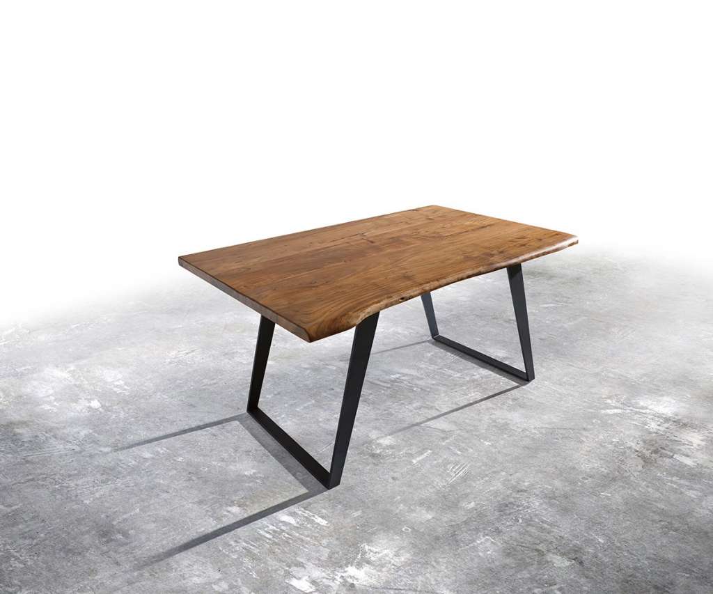 DELIFE Baumtisch Live-Edge 140x90 Akazie Natur Platte 3,5cm Gestell schräg schwarz, Esstische, Baumkantenmöbel, Massivholzmöbel, Massivholz, Baumkante, Wolf Live Edge