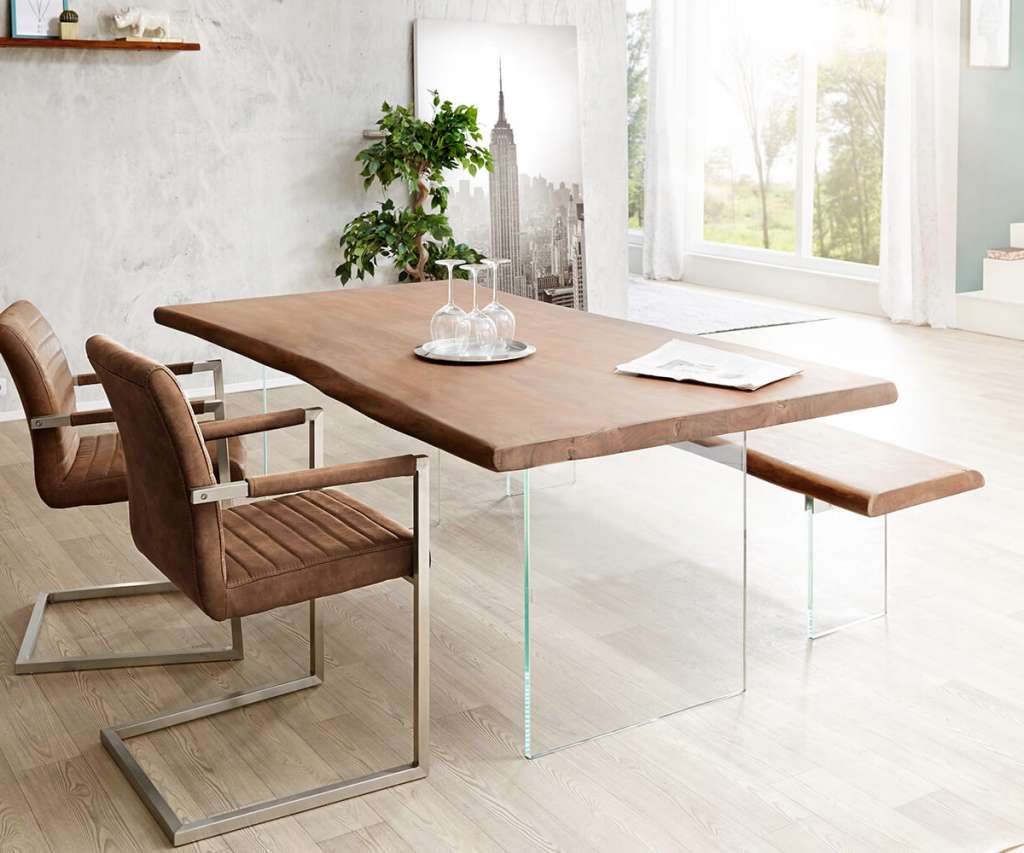 DELIFE Baumtisch Live-Edge 140x90 Akazie Braun Platte 5 cm Glasbeine, Esstische, Baumkantenmöbel, Massivholzmöbel, Massivholz, Baumkante, Wolf Live Edge