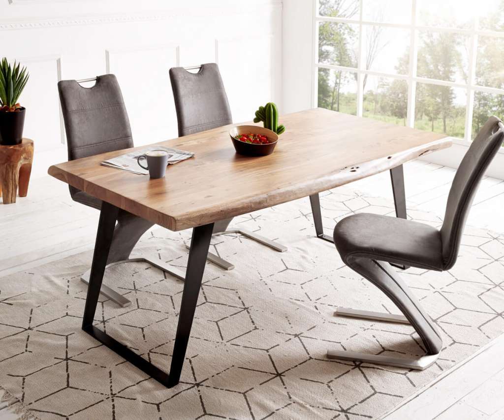 DELIFE Baumtisch Live-Edge 180x90 Akazie Natur Platte 5,5 cm Gestell schräg schwarz, Esstische, Baumkantenmöbel, Massivholzmöbel, Massivholz, Baumkante, Wolf Live Edge