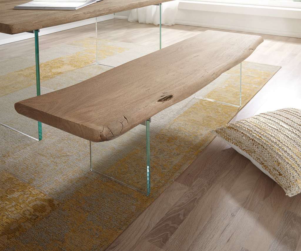 DELIFE Sitzbank Live-Edge 135x40 Akazie Champagner Glasbeine, Bänke, Baumkantenmöbel, Massivholzmöbel, Massivholz, Baumkante, Wolf Live Edge