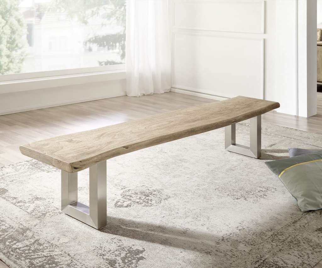 DELIFE Sitzbank Live-Edge 195x40 Akazie Champagner Gestell breit, Bänke, Baumkantenmöbel, Massivholzmöbel, Massivholz, Baumkante, Wolf Live Edge
