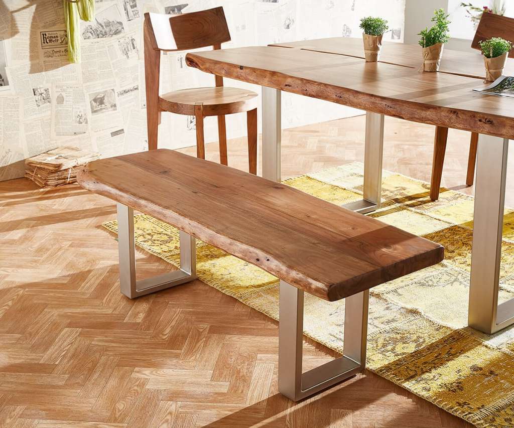 DELIFE Sitzbank Live-Edge 135x40 Akazie Natur Gestell schmal Baumkante, Bänke, Baumkantenmöbel, Massivholzmöbel, Massivholz, Baumkante, Wolf Live Edge