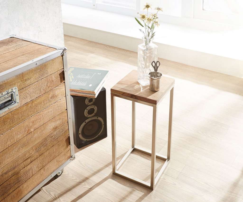 DELIFE Beistelltisch Tatius 28x28 cm Sheesham Natur Edelstahl, Beistelltische