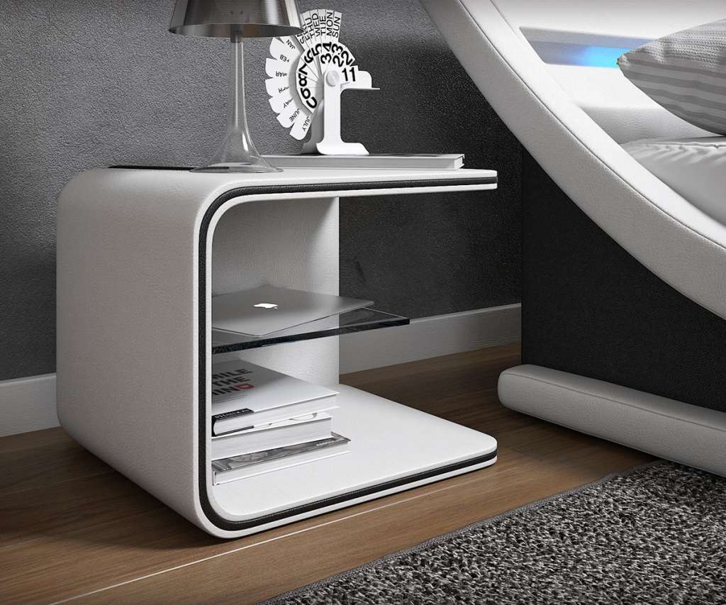 DELIFE Nachttisch Oscar 52x40 cm Weiss mit LED und Glasablage, Nachttische