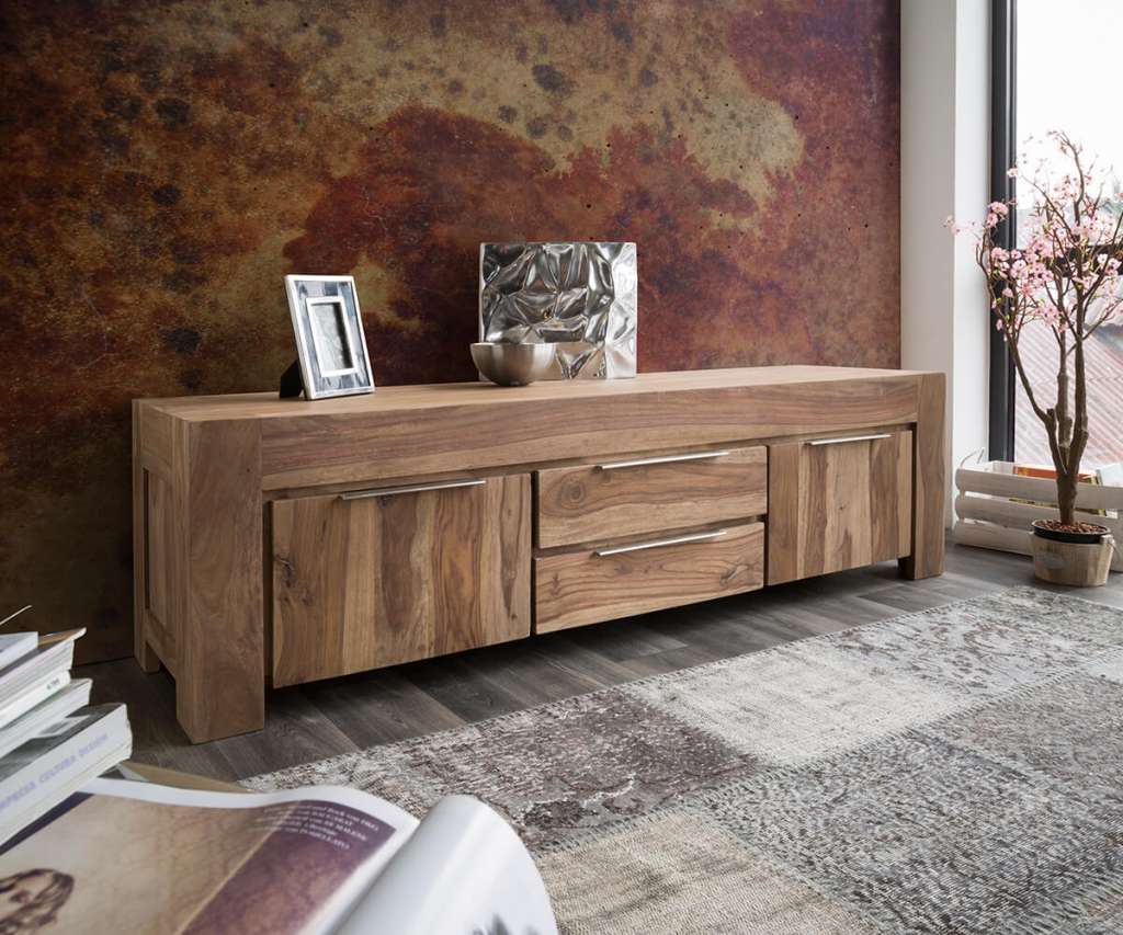 DELIFE Lowboard Blokk 200 cm Sheesham Natur 2 Massiv Türen, Fernsehtische