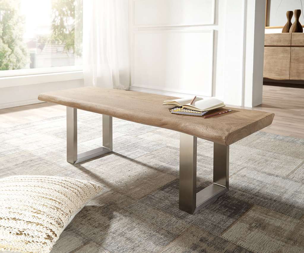 DELIFE Sitzbank Live-Edge 135x40 Akazie Champagner Gestell schmal, Bänke, Baumkantenmöbel, Massivholzmöbel, Massivholz, Baumkante, Wolf Live Edge
