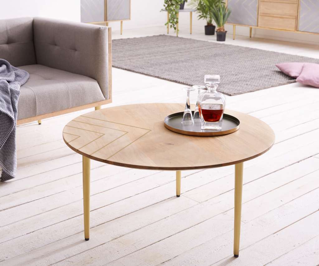 DELIFE Couchtisch Metropolitan 80 cm Mango Natur Messing rund, Beistelltische