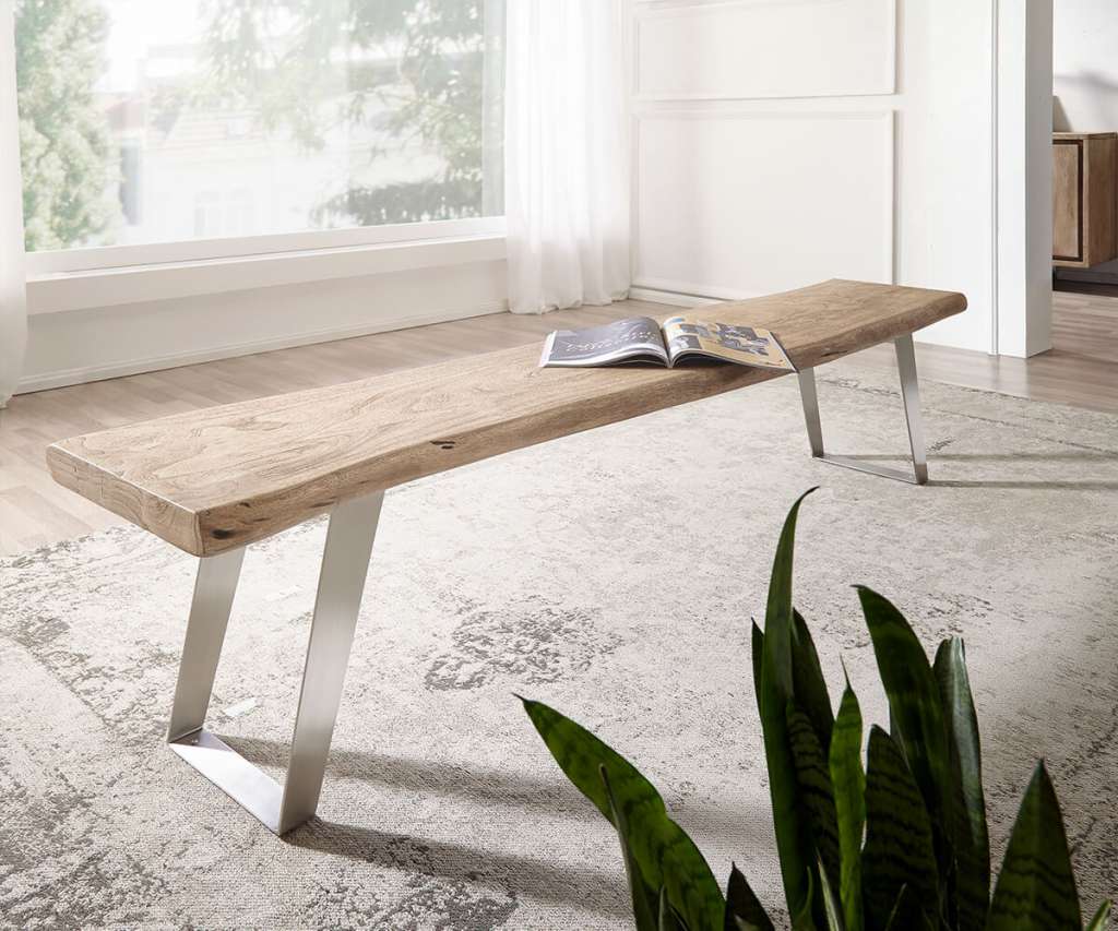 DELIFE Sitzbank Live-Edge 195x40 Akazie Champagner Gestell schräg, Bänke, Baumkantenmöbel, Massivholzmöbel, Massivholz, Baumkante, Wolf Live Edge