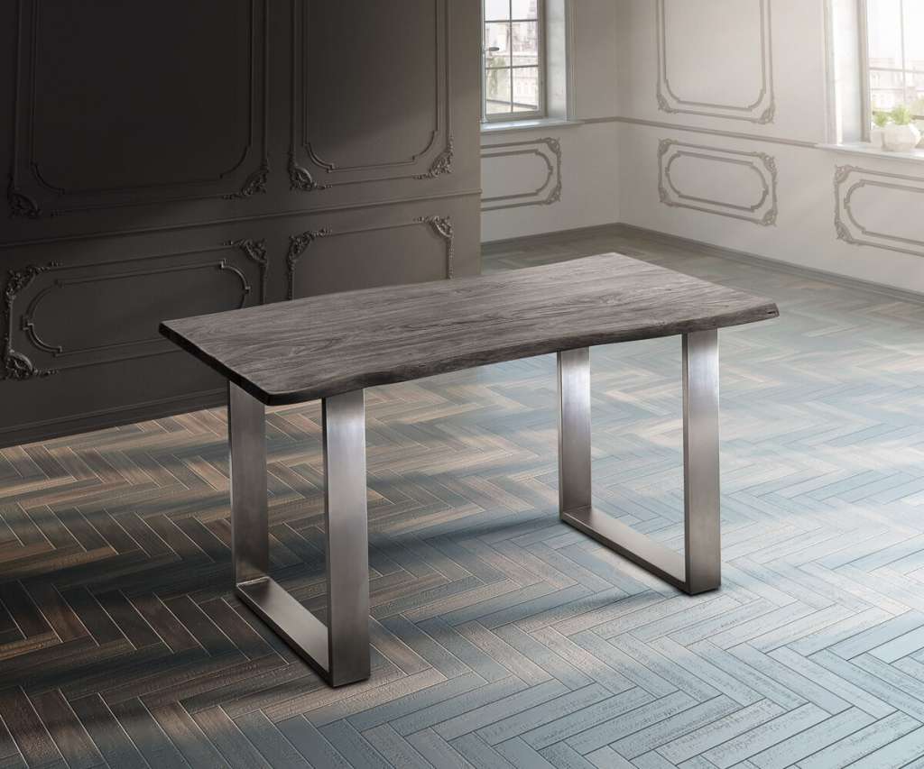 DELIFE Baumtisch Live-Edge 140x90 Akazie Platin Platte 3,5cm Gestell schmal, Esstische, Baumkantenmöbel, Massivholzmöbel, Massivholz, Baumkante, Wolf Live Edge