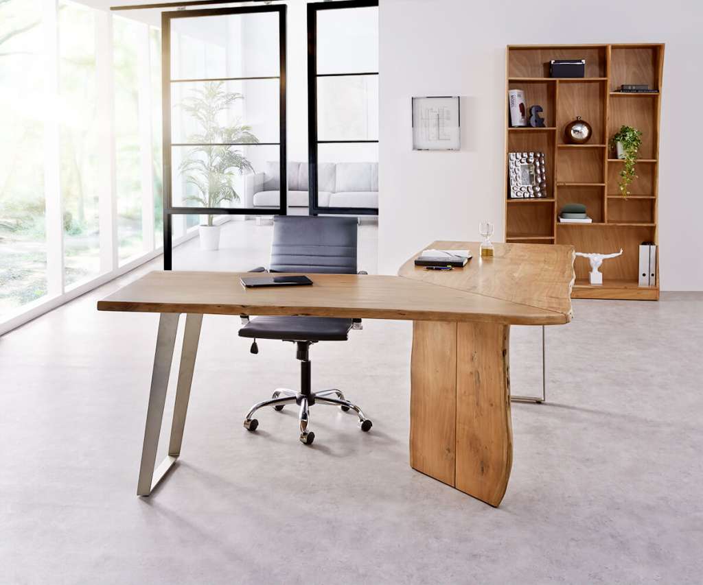 DELIFE Schreibtisch Live-Edge 170x170 Akazie Natur Gestell Silber Baumkante, Schreibtische, Baumkantenmöbel, Massivholzmöbel, Massivholz, Baumkante, Wolf Live Edge