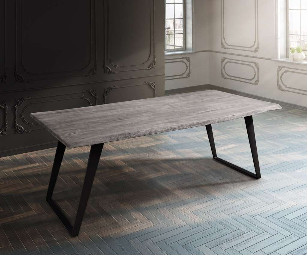 DELIFE Baumtisch Live-Edge 260x100 Akazie Platin Platte 3,5cm Gestell schräg schwarz, Esstische, Baumkantenmöbel, Massivholzmöbel, Massivholz, Baumkante, Wolf Live Edge