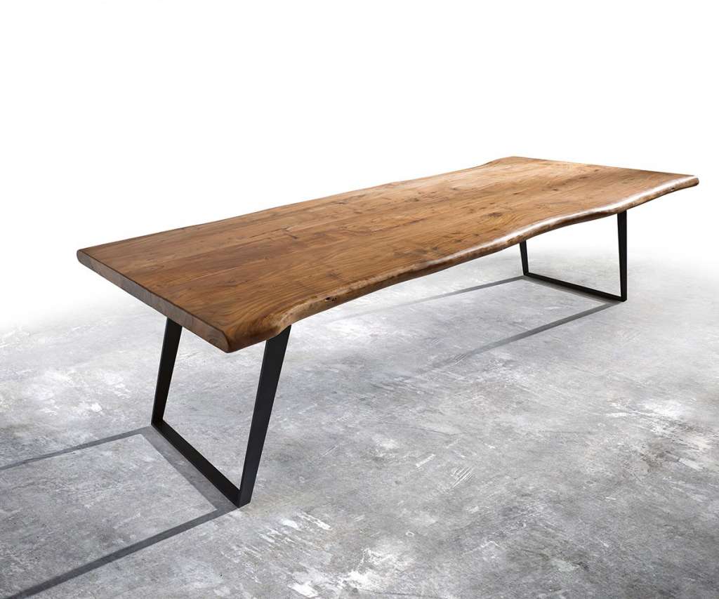 DELIFE Baumtisch Live-Edge 300x100 Akazie Natur Platte 5,5cm Gestell schräg schwarz, Esstische, Baumkantenmöbel, Massivholzmöbel, Massivholz, Baumkante, Wolf Live Edge