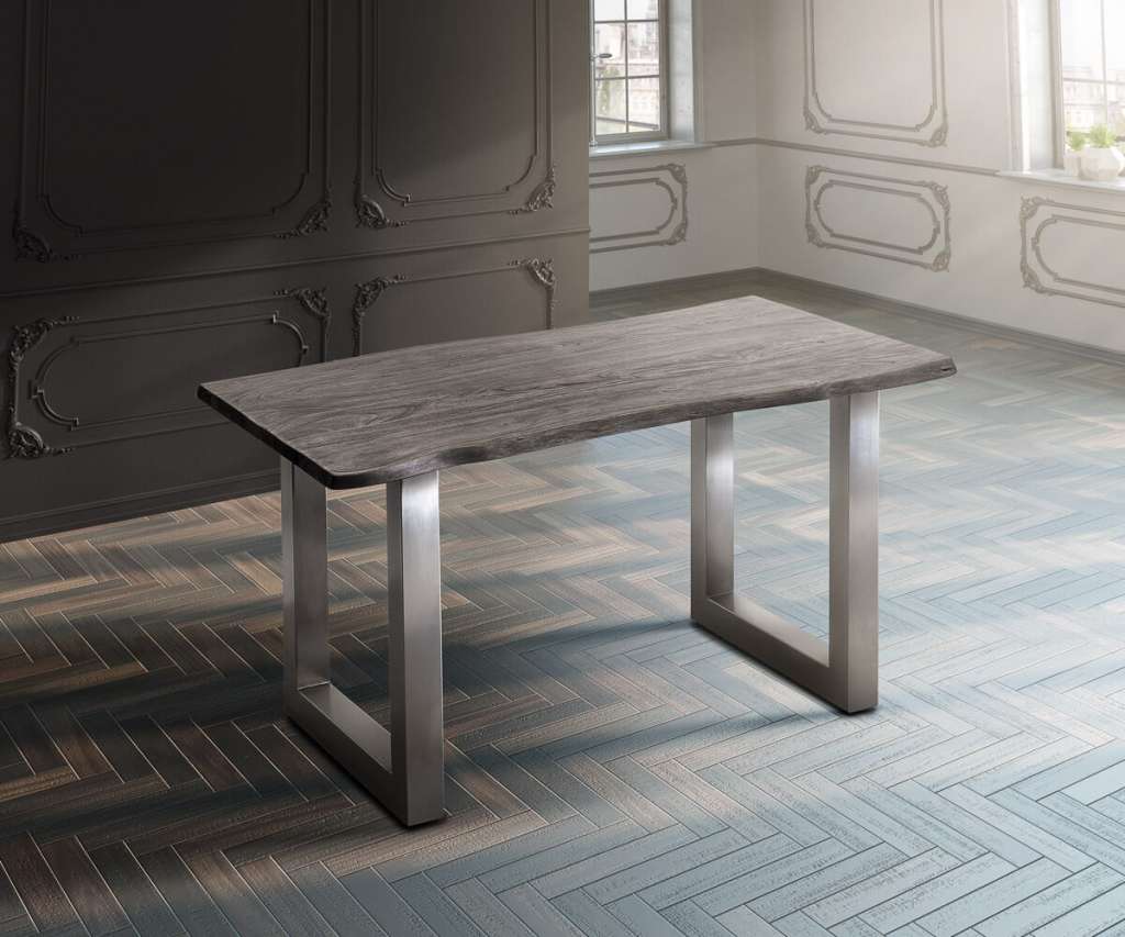 DELIFE Baumtisch Live-Edge 140x90 Akazie Platin Platte 3,5cm Gestell breit, Esstische, Baumkantenmöbel, Massivholzmöbel, Massivholz, Baumkante, Wolf Live Edge