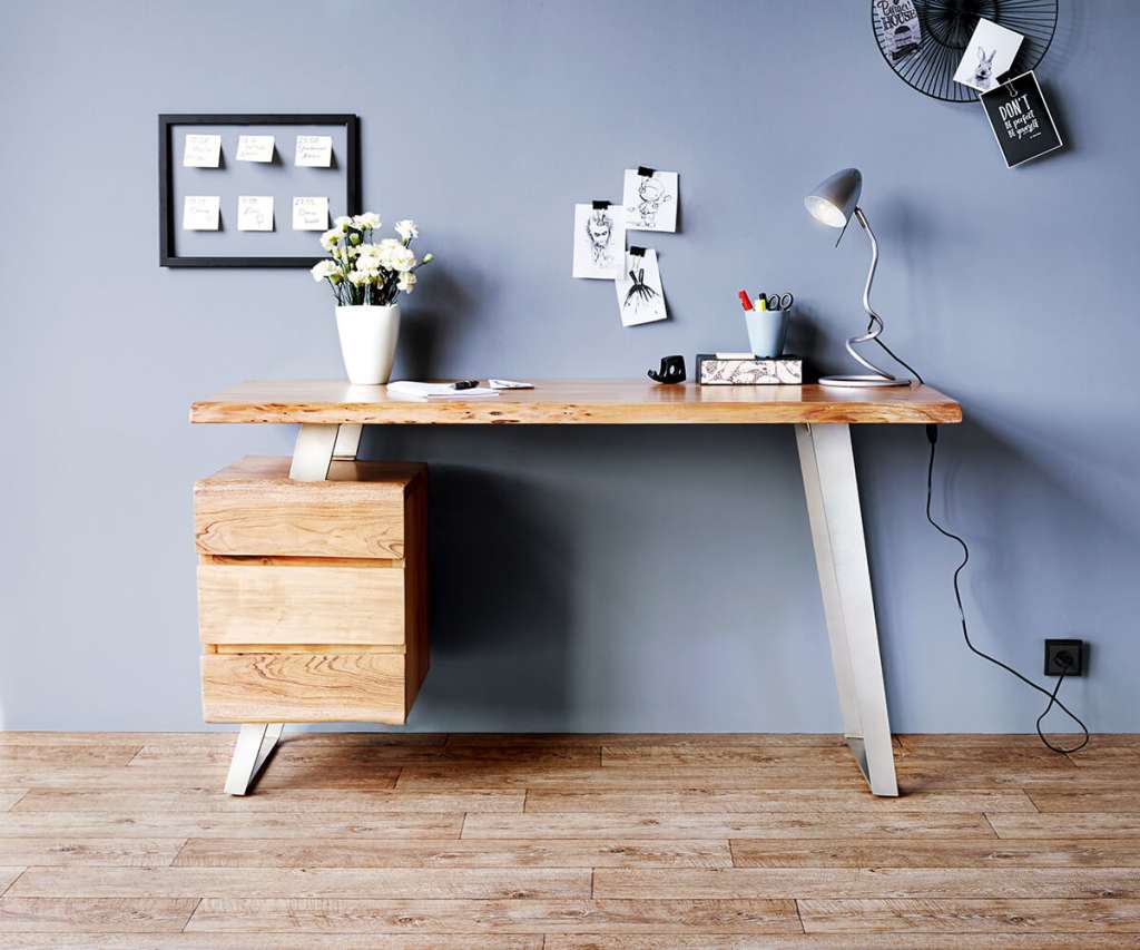 DELIFE Schreibtisch Live-Edge 147x62 cm Akazie Natur 3 Schübe, Schreibtische, Baumkantenmöbel, Massivholzmöbel, Massivholz, Baumkante, Wolf Live Edge