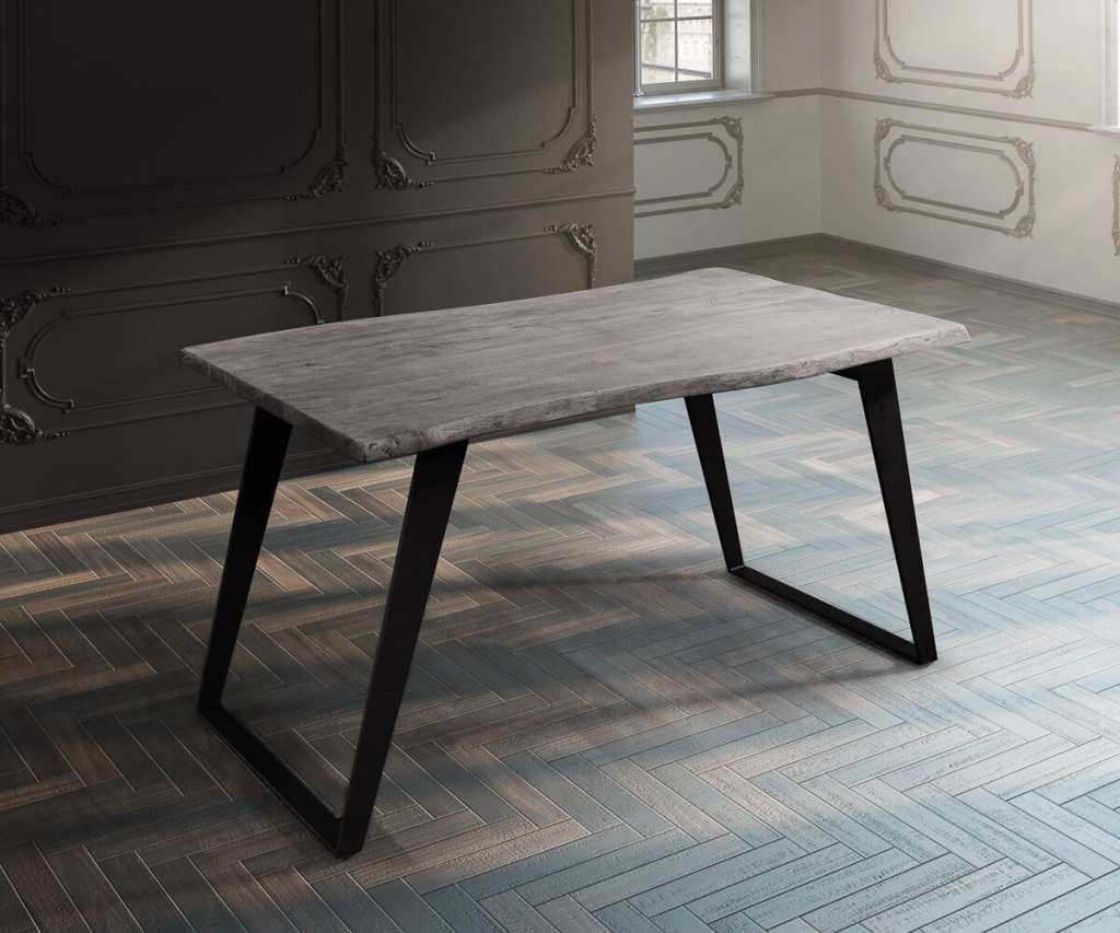 DELIFE Baumtisch Live-Edge 140x90 Akazie Platin Platte 3,5cm Gestell schräg schwarz, Esstische, Baumkantenmöbel, Massivholzmöbel, Massivholz, Baumkante, Wolf Live Edge