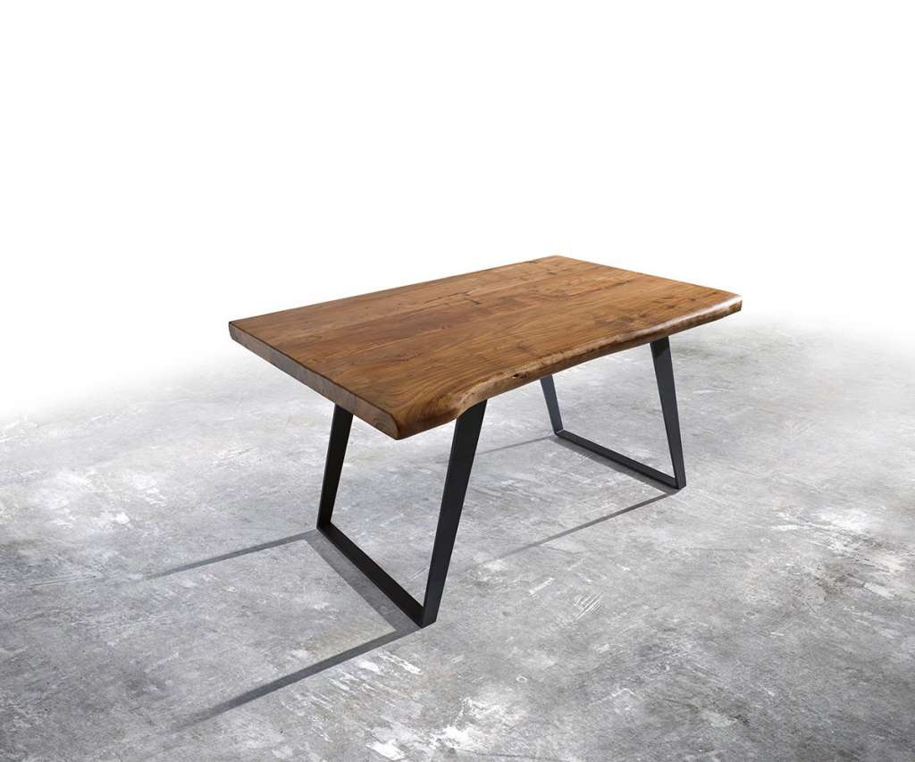 DELIFE Baumtisch Live-Edge 140x90 Akazie Natur Platte 5cm Gestell schräg schwarz, Esstische, Baumkantenmöbel, Massivholzmöbel, Massivholz, Baumkante, Wolf Live Edge