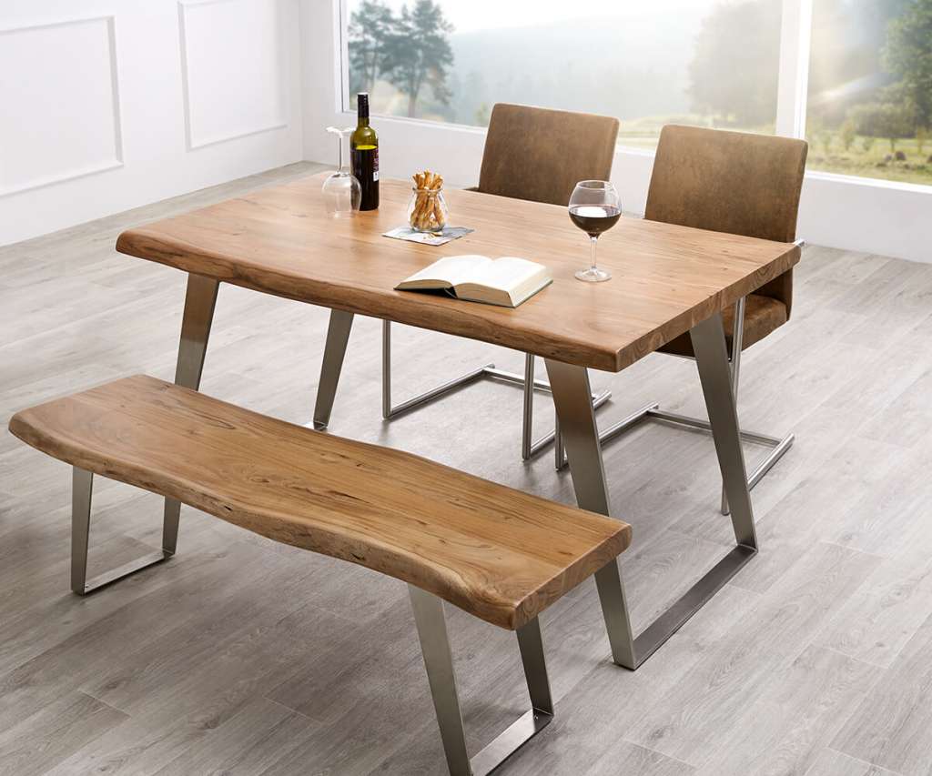 DELIFE Baumtisch Live-Edge 140x90 Akazie Natur Platte 5cm Gestell schräg, Esstische, Baumkantenmöbel, Massivholzmöbel, Massivholz, Baumkante, Wolf Live Edge