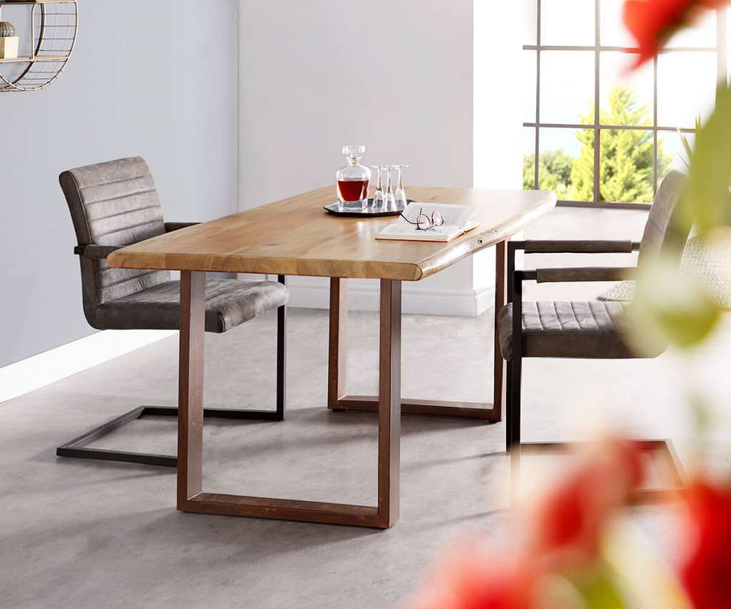 DELIFE Baumtisch Live-Edge 140x90 Akazie Natur Platte 5cm Gestell schmal Rost Optik, Esstische, Baumkantenmöbel, Massivholzmöbel, Massivholz, Baumkante, Wolf Live Edge