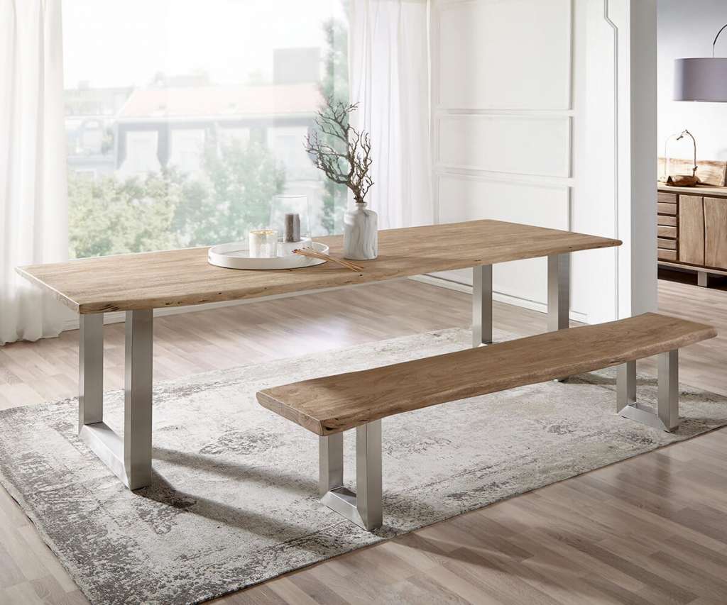 DELIFE Baumtisch Live-Edge 260x100 Akazie Champagner Platte 3,5 cm Gestell breit, Esstische, Baumkantenmöbel, Massivholzmöbel, Massivholz, Baumkante, Wolf Live Edge
