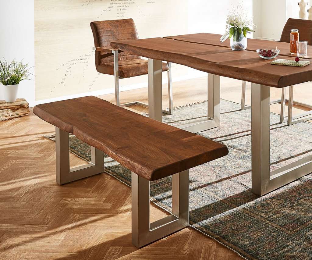 DELIFE Sitzbank Live-Edge 135x40 Akazie Braun Gestell breit, Bänke, Baumkantenmöbel, Massivholzmöbel, Massivholz, Baumkante, Wolf Live Edge