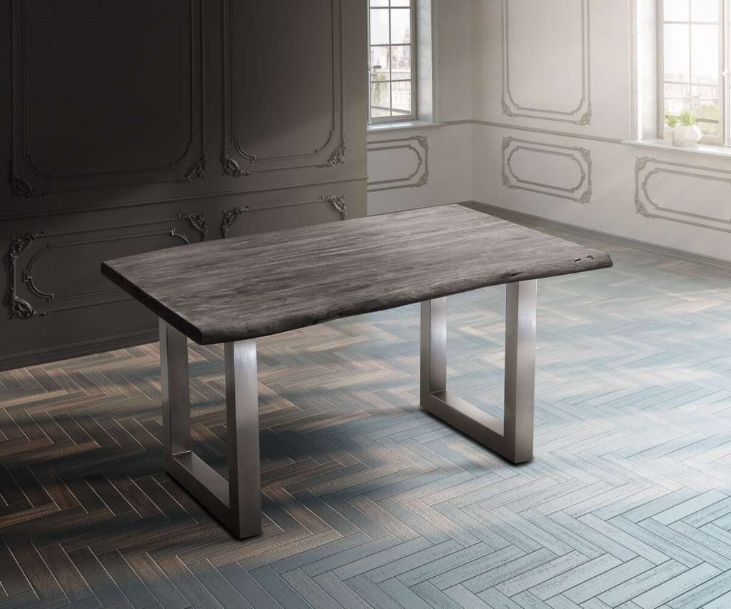 DELIFE Baumtisch Live-Edge 140x90 Akazie Platin Platte 5cm Gestell breit, Esstische, Baumkantenmöbel, Massivholzmöbel, Massivholz, Baumkante, Wolf Live Edge
