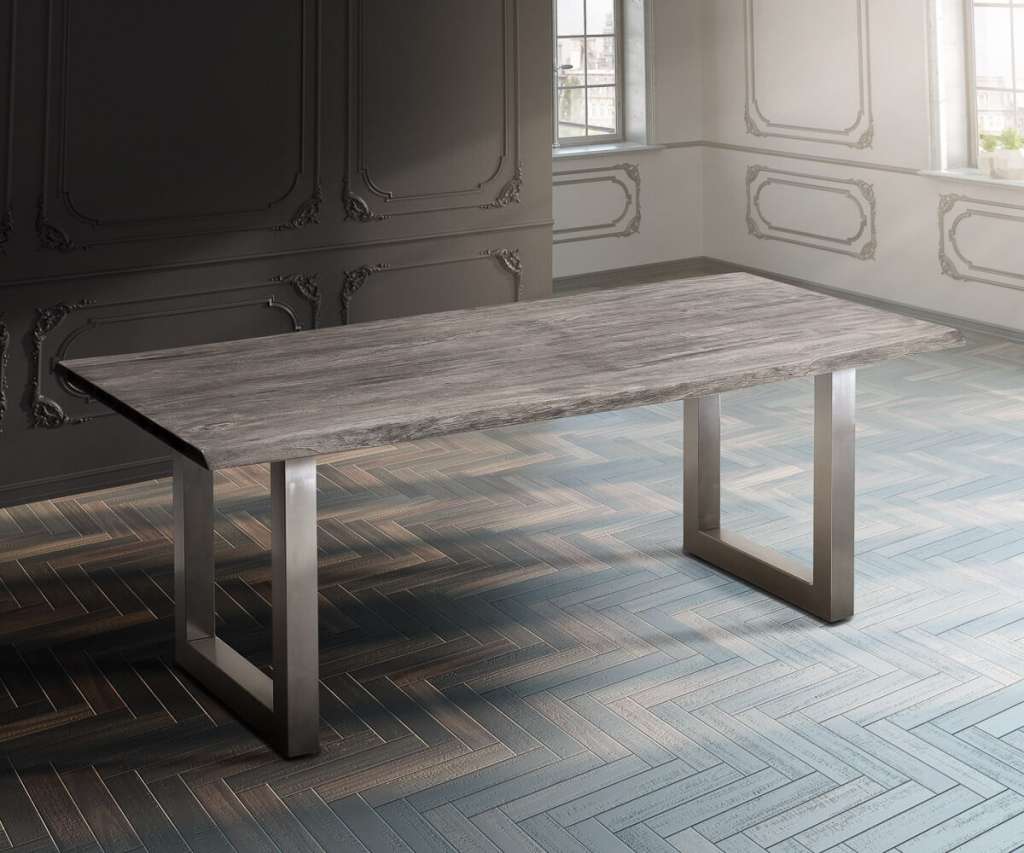 DELIFE Baumtisch Live-Edge 180x90 Akazie Platin Platte 5,5 cm Gestell breit, Esstische, Baumkantenmöbel, Massivholzmöbel, Massivholz, Baumkante, Wolf Live Edge