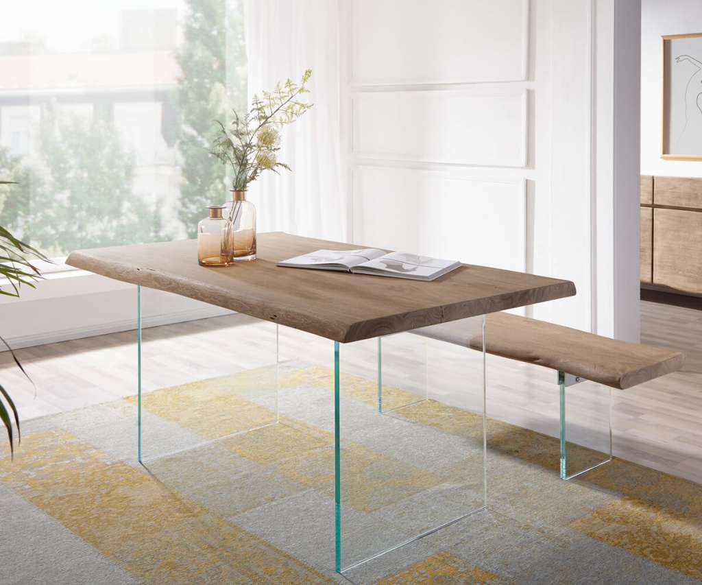 DELIFE Baumtisch Live-Edge 140x90 Akazie Champagner Platte 5 cm Glasbeine, Esstische, Baumkantenmöbel, Massivholzmöbel, Massivholz, Baumkante, Wolf Live Edge