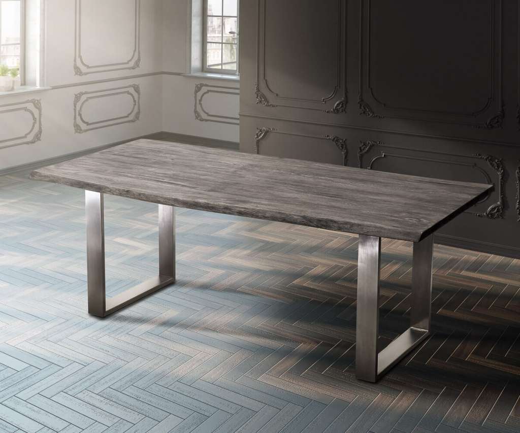 DELIFE Baumtisch Live-Edge 260x100 Akazie Platin Platte 3,5cm Gestell schmal, Esstische, Baumkantenmöbel, Massivholzmöbel, Massivholz, Baumkante, Wolf Live Edge