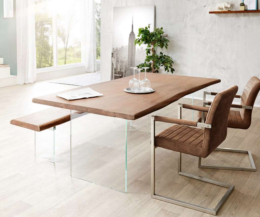 DELIFE Baumtisch Live-Edge 200x100 Akazie Braun Platte 3,5 cm Glasbeine, Esstische, Baumkantenmöbel, Massivholzmöbel, Massivholz, Baumkante, Wolf Live Edge