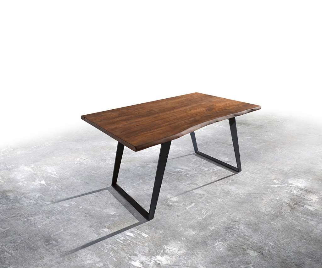 DELIFE Baumtisch Live-Edge 140x90 Akazie Braun Platte 3,5cm Gestell schräg schwarz, Esstische, Baumkantenmöbel, Massivholzmöbel, Massivholz, Baumkante, Wolf Live Edge
